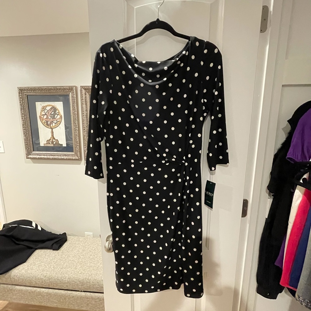 NWT Ralph Lauren Faux Wrap Black and White Polka Dot Size 14